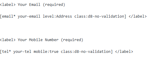 Contact Form 7 syntax using the CSS class 'd8-no-validation'.